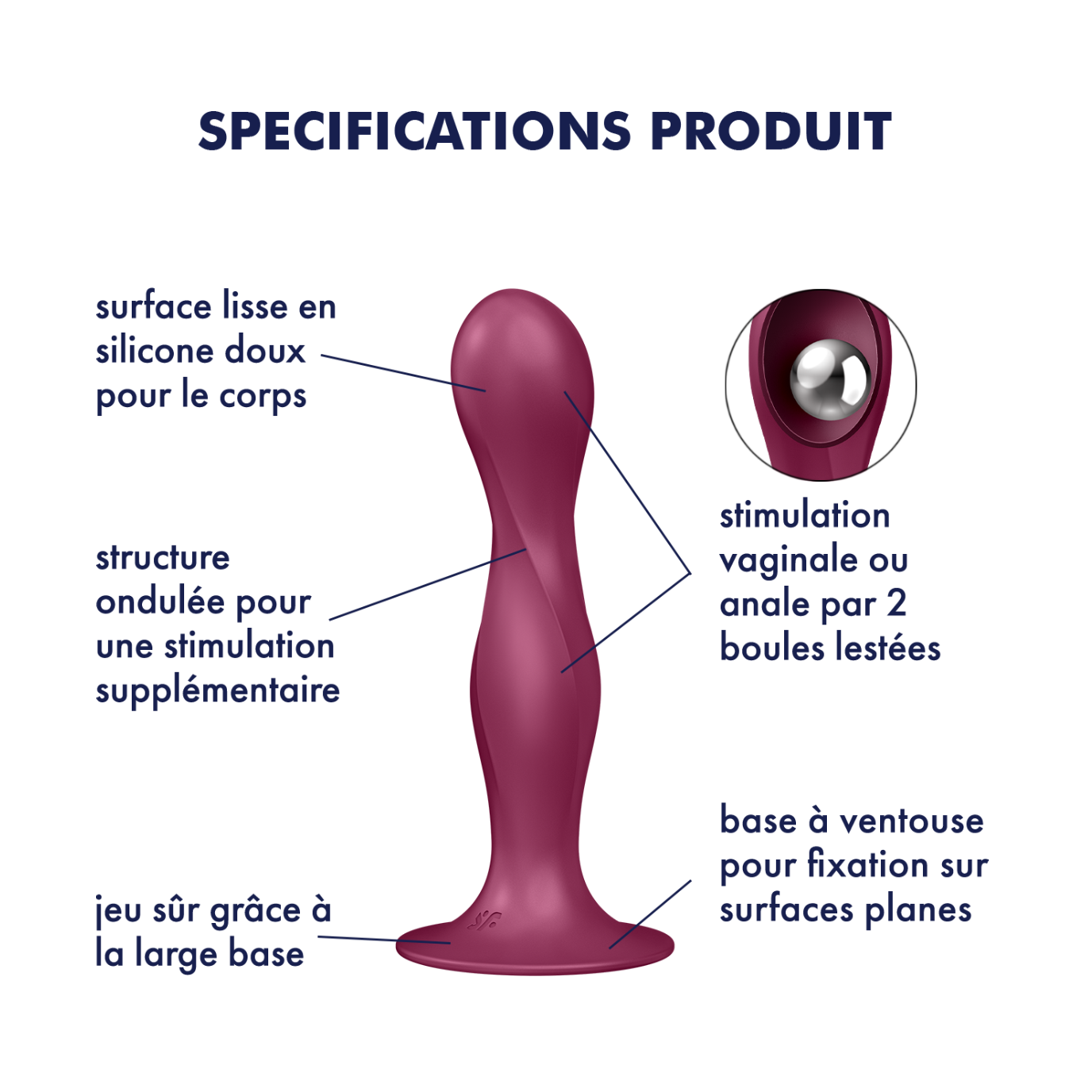 SATISFYER - GODE EN SILICONE DOUBLE BALL-R GRENAT